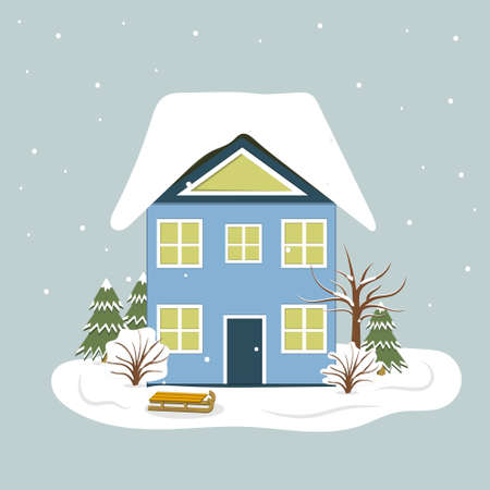 Winter landscape blue house on a background of trees and shrubs, next to a sled, color vector illustration in the style of flat, clipart, design, decoration, bannerのイラスト素材