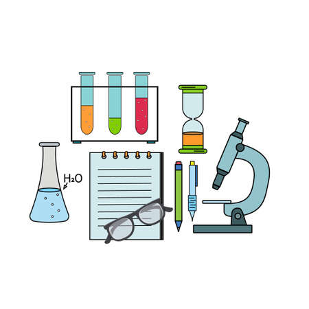 Medical laboratory chemistry kit, color vector illustration in flat style, banner, poster, clipart, design, decorationのイラスト素材