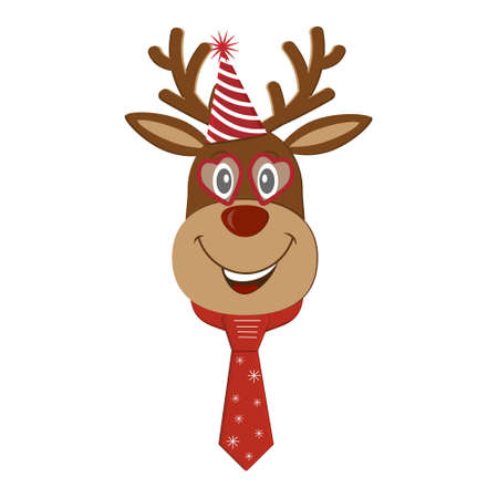 Christmas deer in a festive hat, heart-shaped glasses and red tie, color vector illustration in flat style, holiday card, clipart, design, decoration, posterのイラスト素材