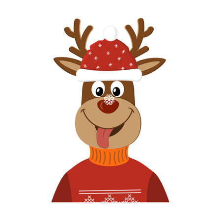 Merry Christmas deer in a Santa Claus hat and a warm knitted sweater with an ornament catches a snowflake with its tongue, color isolated vector illustration, clipart, design, decoration, printのイラスト素材