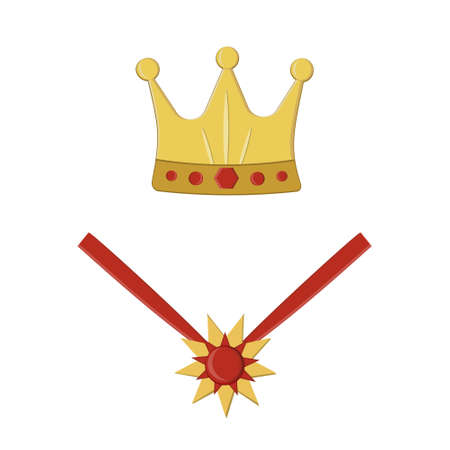 Gold Crown with precious stones and order in the form of a star on a ribbon, Christmas costume, isolated vector illustration, clipart, design, decoration, iconのイラスト素材
