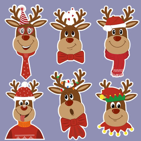 Set of stickers of merry Christmas reindeer in carnival costumes, color vector illustration of isolated reindeer on a white background, clipart, design, decoration, poster, banner, appliqueのイラスト素材