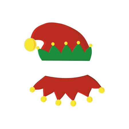 Christmas elf costume hat and collar with bells, color isolated illustration on  whiteのイラスト素材