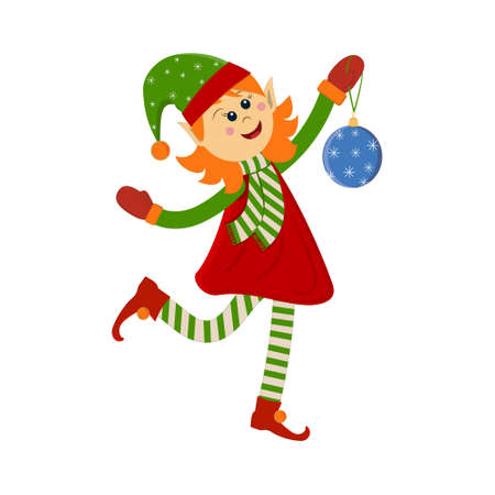 Merry Christmas Elf girl with a Christmas tree toy in a hat and dress, color vector illustration, isolated, on a white background. Clipart, design, decoration, holiday poster, sticker, printのイラスト素材