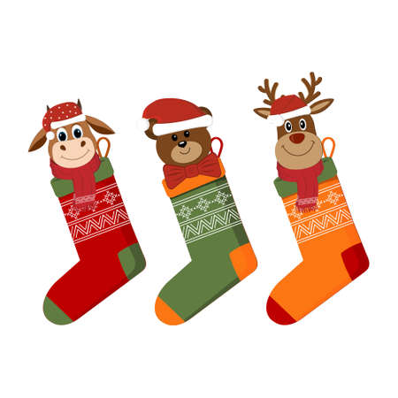 Christmas sock with animal toy bear, bull and deer in Santa Claus hat, color vector isolated illustration in flat style, clipart, design, decoration, sticker, scrapbooking, icon, posterのイラスト素材
