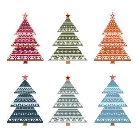 Set of abstract multi-colored Christmas trees with ornamentsのイラスト素材