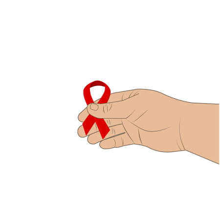 A man's hand holds a red ribbon symbol on whiteのイラスト素材