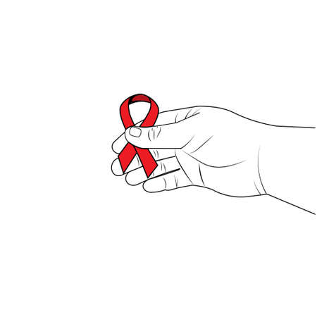 A man's hand holds a Red ribbon symbol of the fight against AIDS, an attribute of the world action in support of the sick is on the man's hand, icon, clipart, poster, design, decorationのイラスト素材