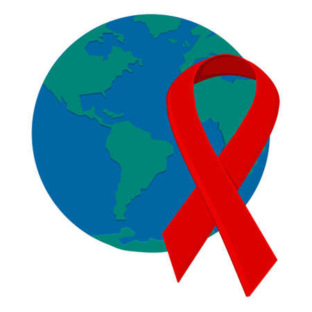 Red ribbon of the fight against AIDS on the background of planet Earth, attribute of the world action in support, icon, clipart, poster, design, decorationのイラスト素材