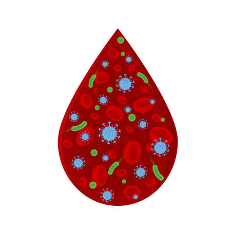A drop of blood containing an infection, virus, color vector illustration in the flat style on a white background, design design of websites, books, articles, logos, clipartのイラスト素材