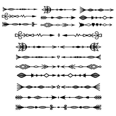 Set of isolated tribal arrows, openwork page dividers and round arrow frames black outline on white background, vector illustration, design and decoration of wedding cards, banners and logosのイラスト素材