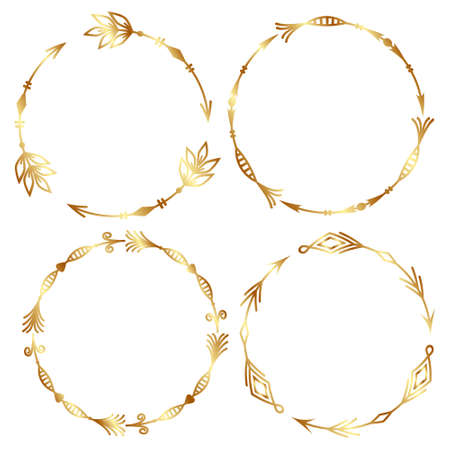 a set of four round isolated tribal patterned arrow frames made with a Golden outline outline, combined into a single outline, vector illustration.のイラスト素材