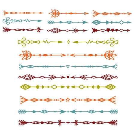 Set of isolated multicolored tribal arrows, openwork page dividers and round arrow frames on a white background, vector illustration, design and decoration of wedding cards, banners and logosのイラスト素材
