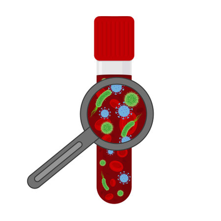Blood with infection in a test tube under a magnifying glass, color vector illustration in flat style, clipart, background, icon, banner, poster, design, decorationのイラスト素材