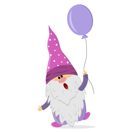 gnome with a balloon, color isolated vector illustration in flat style, clipart, design, decoration, print, paper scrapbooking, sublimationのイラスト素材