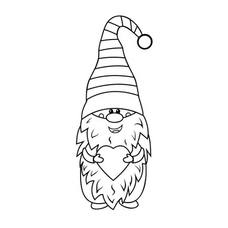 Gnome with heart, coloring book for kids, vector illustration black outline, children's creativity, hobby, hobby, design, printのイラスト素材