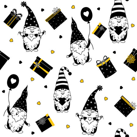 Gnome lovers pattern with gifts and hearts, color vector illustration on white background, color black, yellow, design, decoration, gift wrapping, greeting cardsのイラスト素材