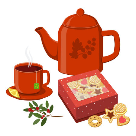 set of clipart, composition of a mug of tea, teapot, boxes of cookies and twigs with berries, color vector illustration on a white background, design, decoration, banner, menuのイラスト素材