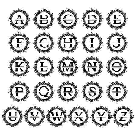 Monogram of the alphabet with a wreath, family monogram, with a cut out pattern in the form of a crown, monochrome vector illustration on a white background, logo, design, decoration, banner, businesのイラスト素材