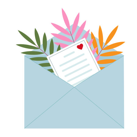 Open blue envelope with letter decorated with colorful leaves, color vector illustration for wedding and Valentine's Day, icon, decor, design, scrapbookingのイラスト素材
