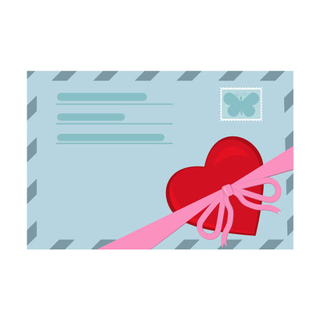 Closed blue envelope decorated with abstract red heart and ribbon, color vector illustration for wedding and Valentine's day, icon, decor, design, scrapbookingのイラスト素材