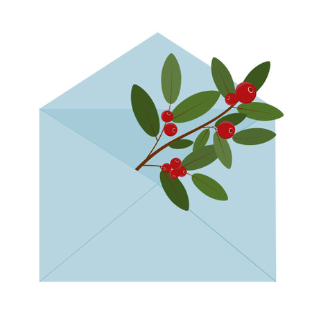 Open blue envelope decorated with a twig with a berry, color vector illustration for wedding and Valentine's Day, icon, decor, design, scrapbookingのイラスト素材