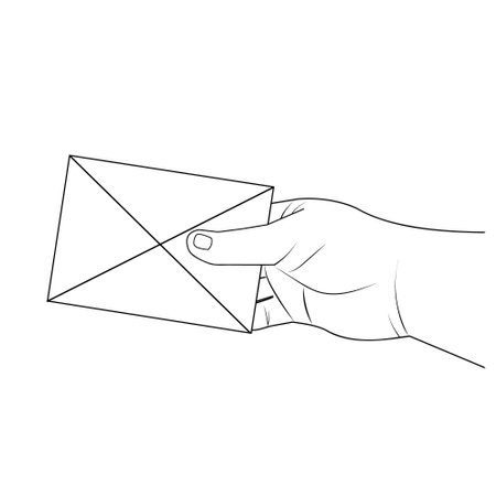 Letter in an envelope in a man's hand, black line. vector illustration on a white background.のイラスト素材