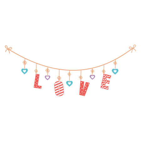 Colorful festive garland on ropes with vintage letters with provence style pattern text love. Color vector isolated illustration on white background.のイラスト素材