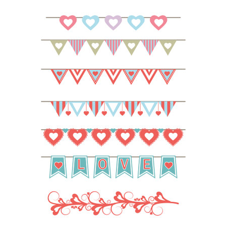 Set of holiday paraphernalia, vintage garlands, paper flags and hearts.のイラスト素材