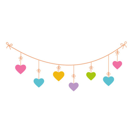colorful festive garland on ropes with colorful heartson white backgroundのイラスト素材
