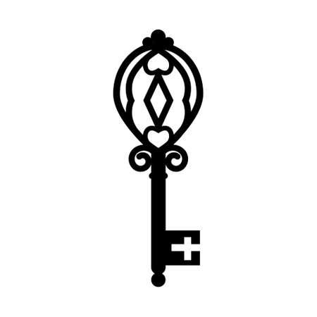 Vintage openwork key template, black stencil, vector illustration, icon, laser cut, decor, design, decorationのイラスト素材
