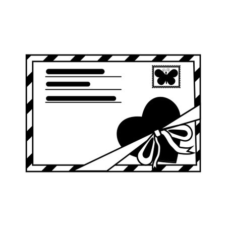 Closed envelope decorated with ribbon and abstract heart, black and white vector illustration.のイラスト素材