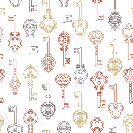 Pattern of vintage keys made by contour, thin line, vector illustration, background, texture, textileのイラスト素材