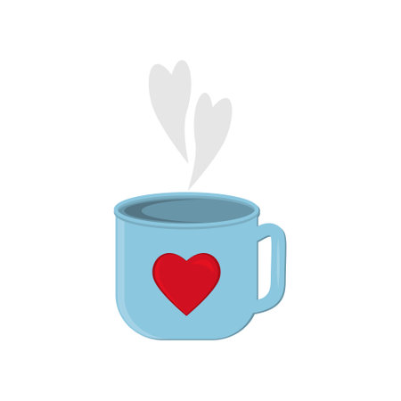 Tea cup decorated with red heart, color vector isolated illustration in flat style on white backgroundのイラスト素材