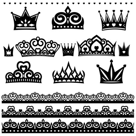 Openwork crowns set and borders, color isolated vector illustration in flat style.のイラスト素材