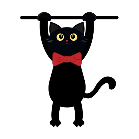 Black kitten hanging on a branch, color isolated vector children's illustration in flat styleのイラスト素材