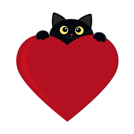 Black kitten peeking out from behind an abstract heart, color isolated vector children's illustration in flat style.のイラスト素材