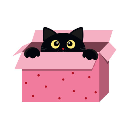 Black kitten peeking out of a decorated box, color isolated vector children's illustration in flat style.のイラスト素材