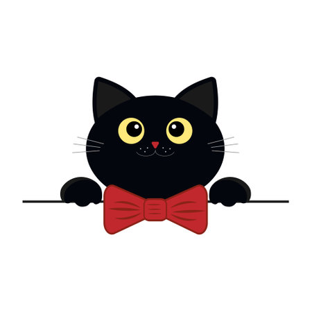 Black Kitten Peeking Out, Color Isolated Vector Children's Flat Style Illustrationのイラスト素材