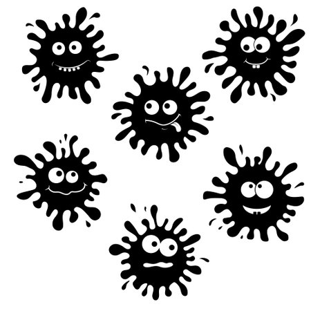 Set of characters Funny blots monsters with different emotions, black silhouette, slime stencil, children's illustration, isolated vector in flat style, design, decor, printのイラスト素材