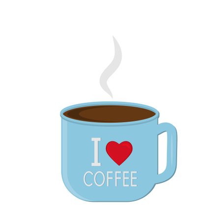 blue coffee cup with the text I love coffee, color vector isolated illustration in a flat style on a white background, icon, design, decoration, clipart, scrapbookingのイラスト素材