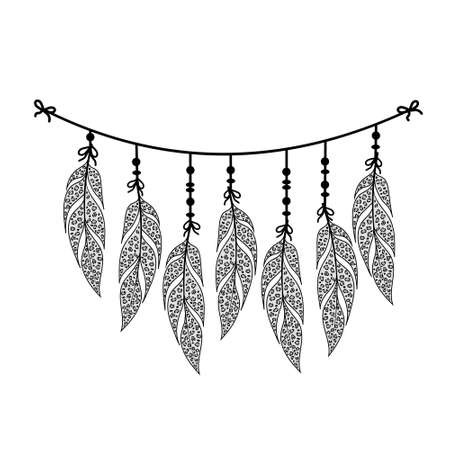 Boho Leopard Animal Print Bird Feather Garland, dream catcher, isolated, color, vector illustration, decor, decoration, printのイラスト素材