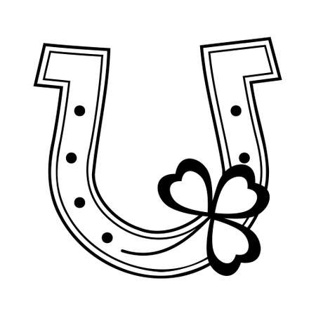 Happy golden horseshoe with three-leaf clover for St. Patrick's Day, black outline, vector isolated illustration on white backgroundのイラスト素材