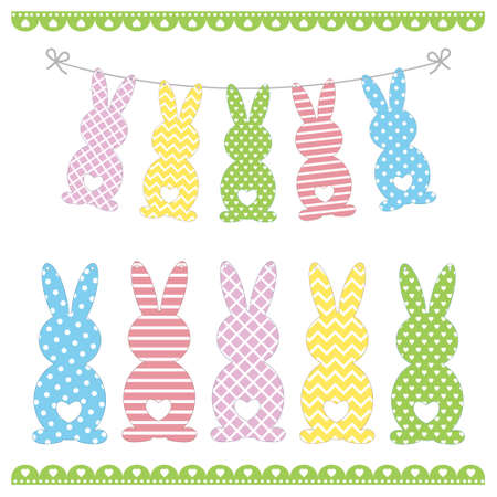 Set of Easter bunny templates with different ornaments for crafting a festive garland for Holy Easter, color isolated vector illustration, decor, crafting, decorationのイラスト素材