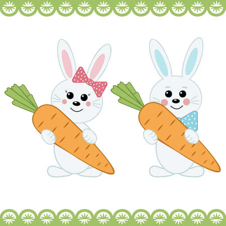 Two cute baby bunny characters girl and boy holding carrots, vector isolated illustration.のイラスト素材