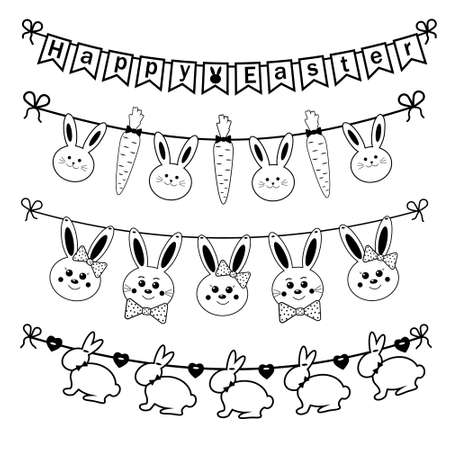 set of Easter garlands of hares and carrots black outline, design and decoration.のイラスト素材