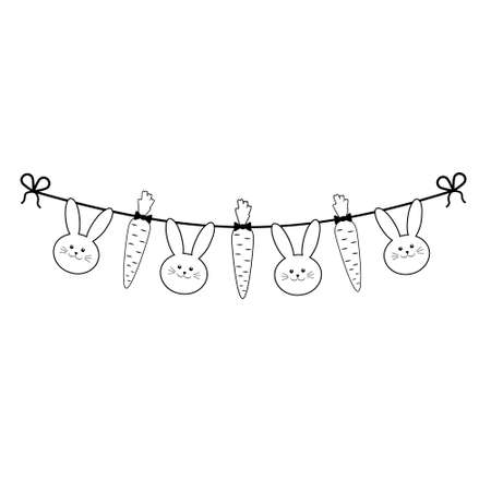 Festive garland of Easter bunnies for boys and girls, black outline, vector isolated illustration, design, decoration, printのイラスト素材