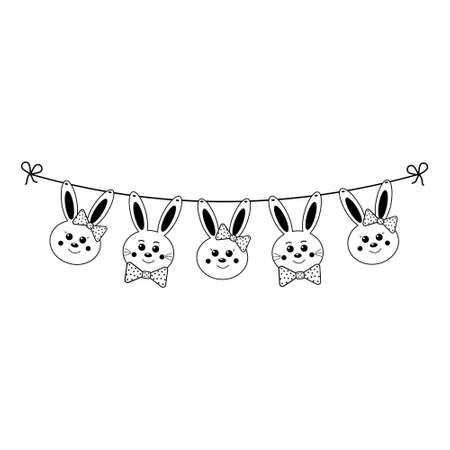 Festive garland of Easter bunnies for boys and girls, black outline, vector isolated illustration, design, decoration, printのイラスト素材