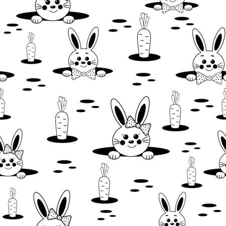 Cute Bunnies peek out of a hole pattern, black stencil and outline, children's vector illustration, print, textile, digital background, design, decorationのイラスト素材