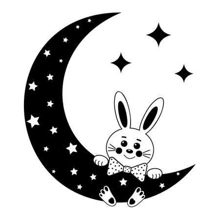 Bunny on the moon in the starry sky among the clouds black outline, children's vector isolated illustration.のイラスト素材